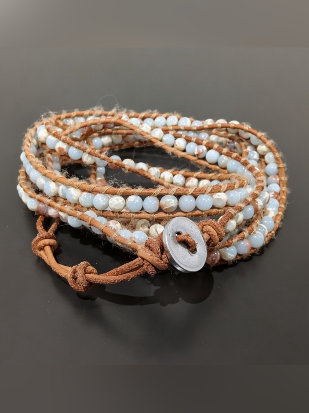 Multi-Strand Light Blue Beaded Wrap Bracelet with Tan Leather